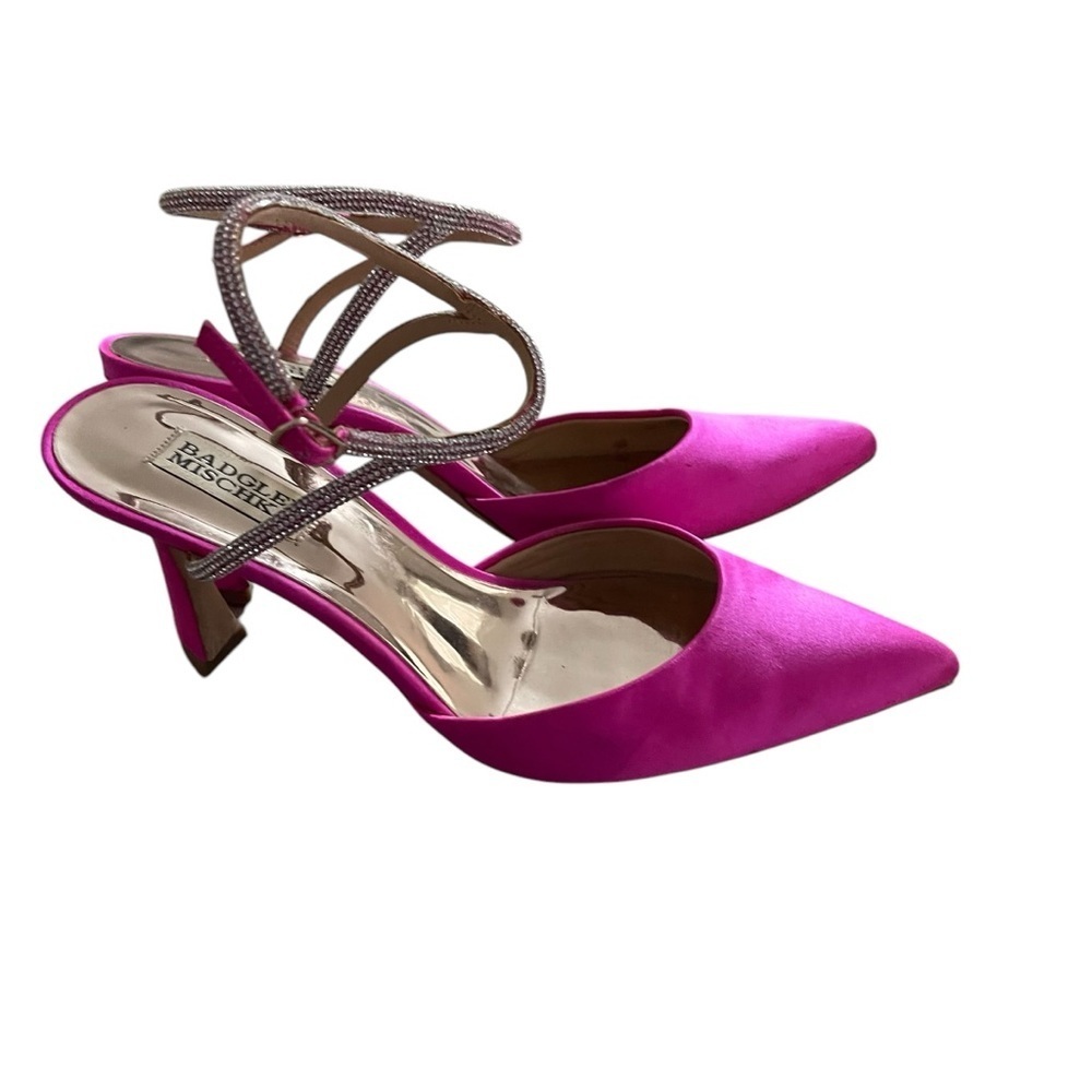 Badgley Mischka Pink Satin Pointed-Toe Heels - Picture 4 of 10